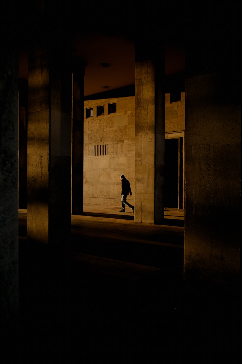 Silhouette of a person walking in a dark urban underpass.